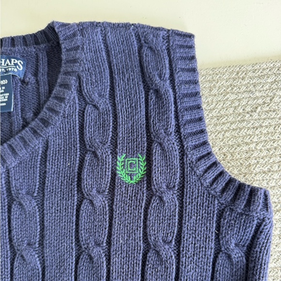 CHAPS Navy Blue V Neck Cableknit Cotton Sleeveless Sweater Vest Sz Small - Picture 5 of 11